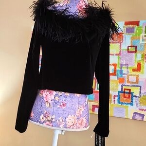 VINTAGE CACHET FAUX FEATHER OFF SHOULDER VELVET TOP-S